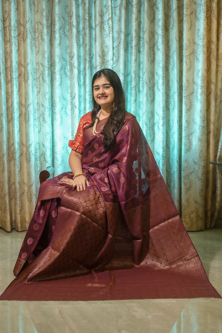 Deep wine muga silk saree