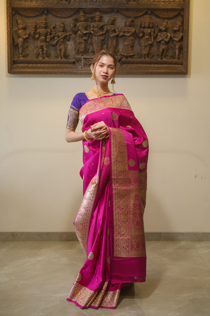 Fuschia pink benarsi satin silk saree