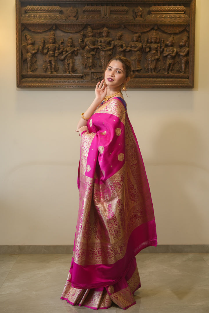 Fuschia pink benarsi satin silk saree