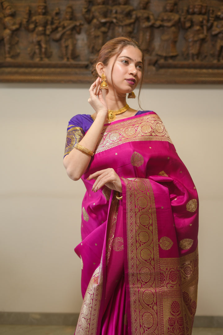 Fuschia pink benarsi satin silk saree