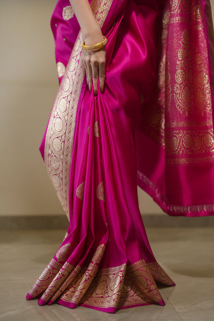 Fuschia pink benarsi satin silk saree