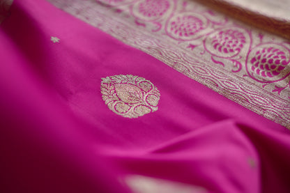 Fuschia pink benarsi satin silk saree