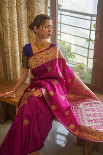 Fuschia pink benarsi satin silk saree