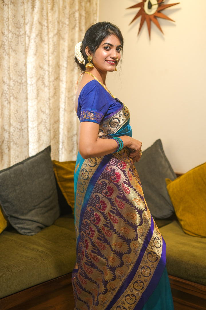 Blue Peshwai silk saree