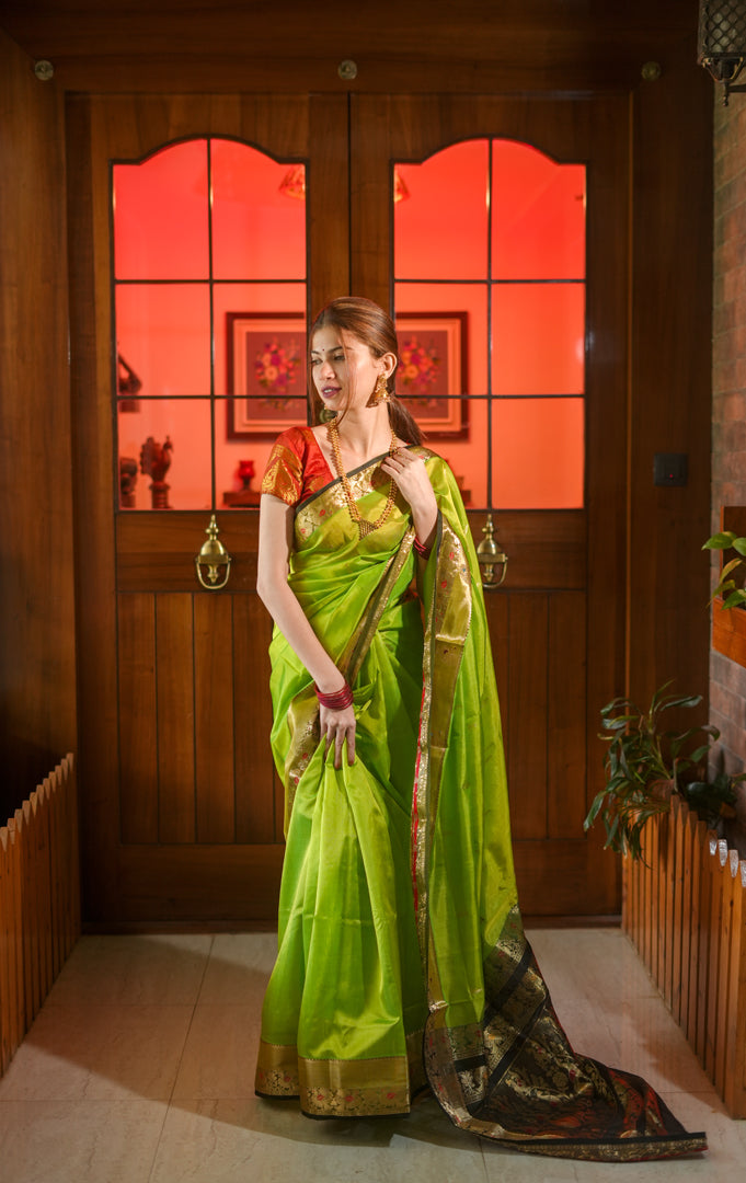 Parrot green Peshwai silk saree