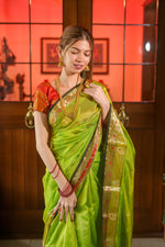 Load image into Gallery viewer, Parrot green Peshwai silk saree
