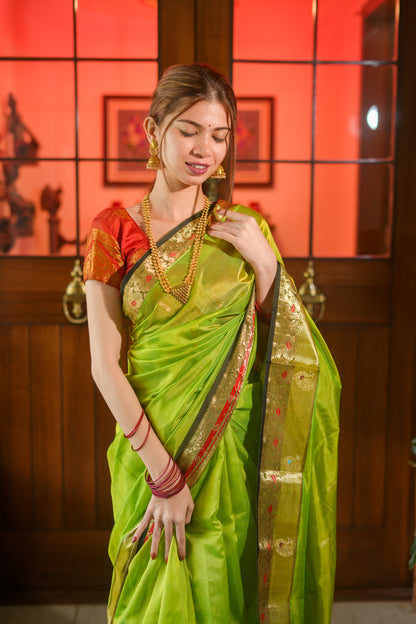 Parrot green Peshwai silk saree