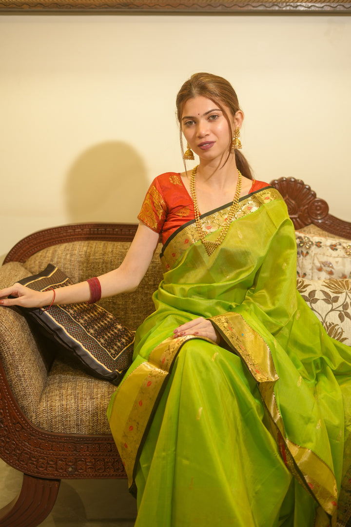 Parrot green Peshwai silk saree