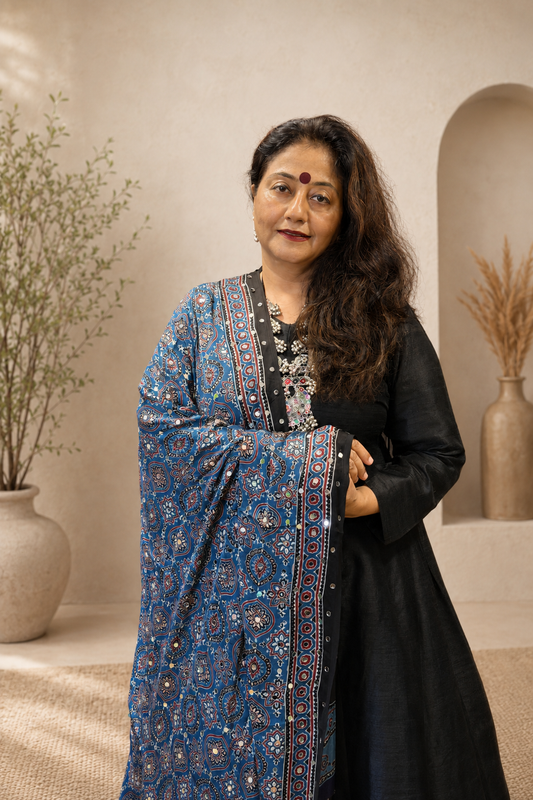 Blue Ajrak Modal Silk Dupatta