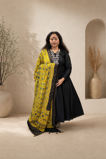 Yellow Ajrak Modal Silk Dupatta
