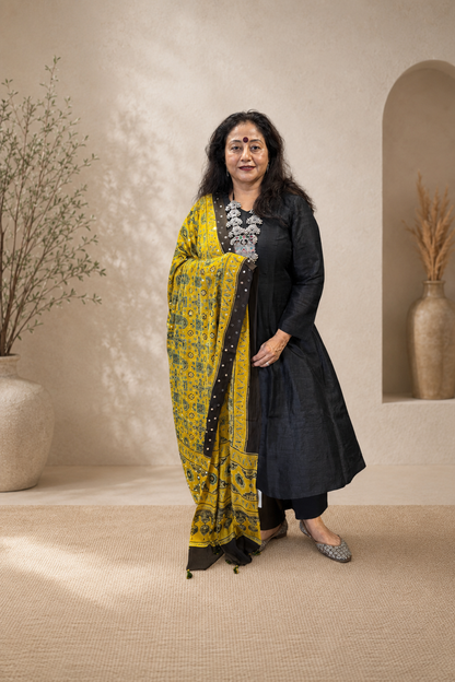 Yellow Ajrak Modal Silk Dupatta