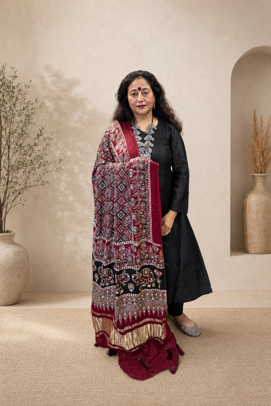 Red Ajrak Modal Silk Dupatta