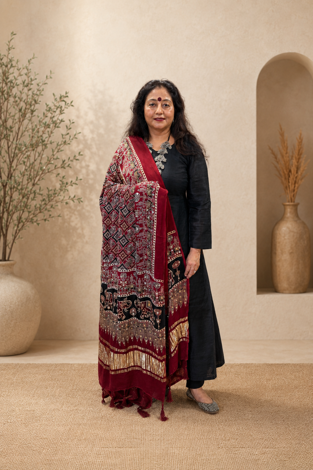 Red Ajrak Modal Silk Dupatta