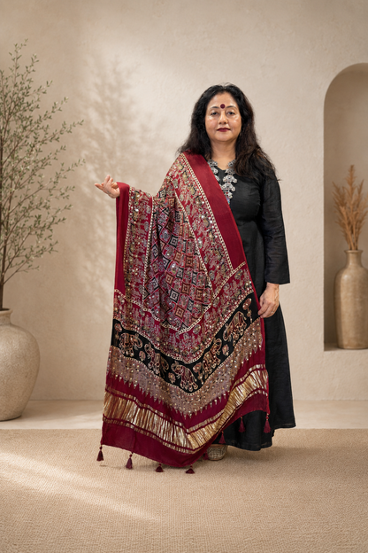 Red Ajrak Modal Silk Dupatta