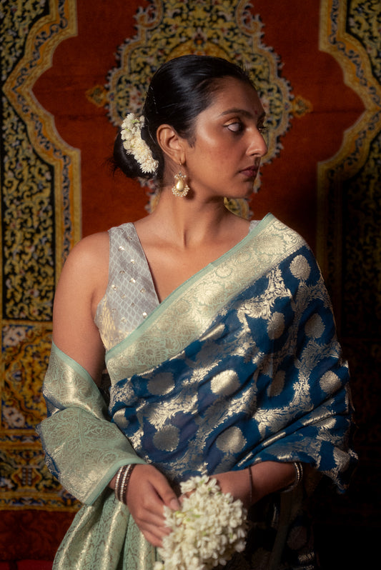 Blue Khaddi Chiffon Saree