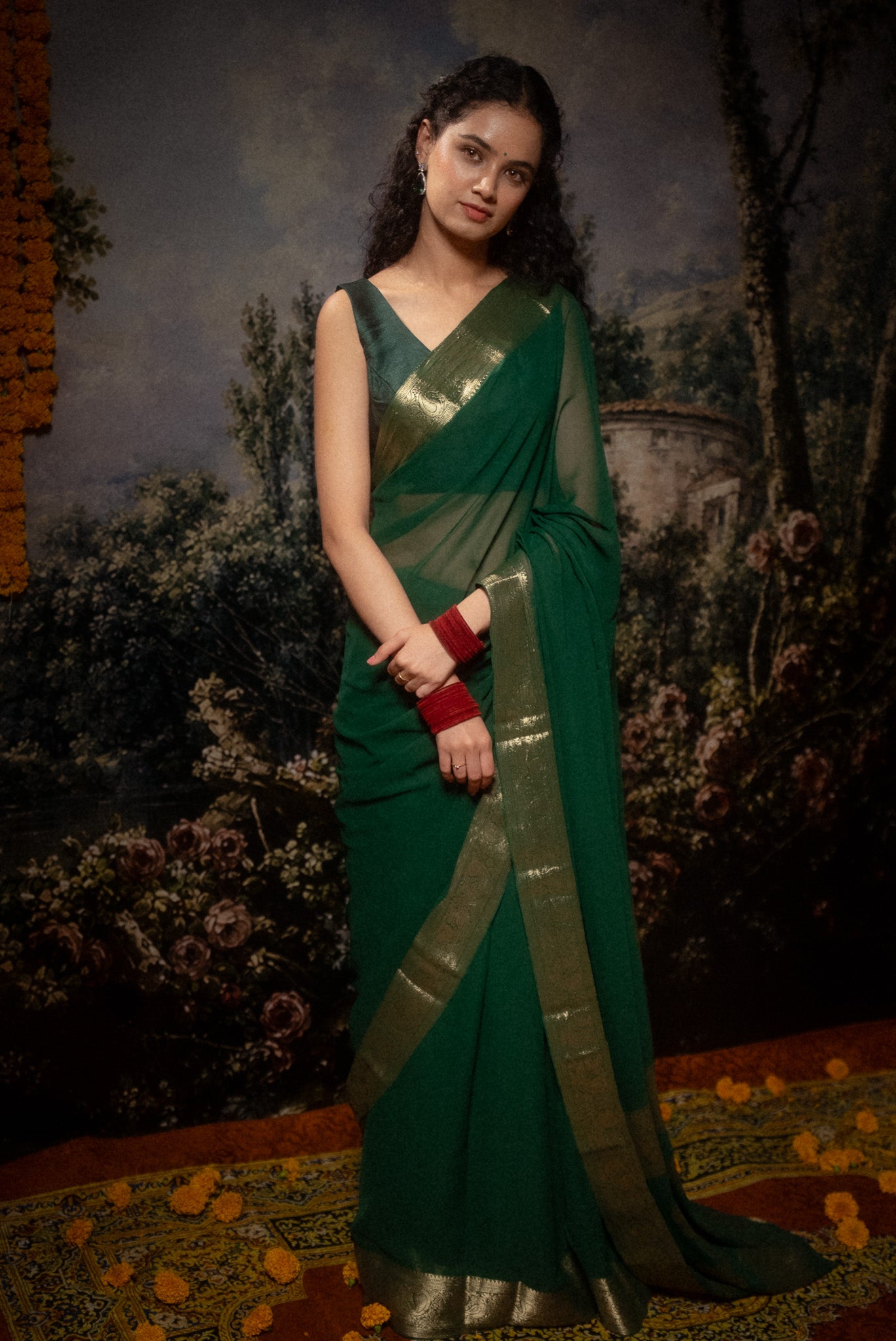 Dark Green Georgette Saree