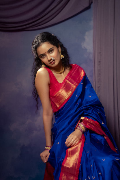 Blue Mulberry Silk Paithani Chandrakor Saree