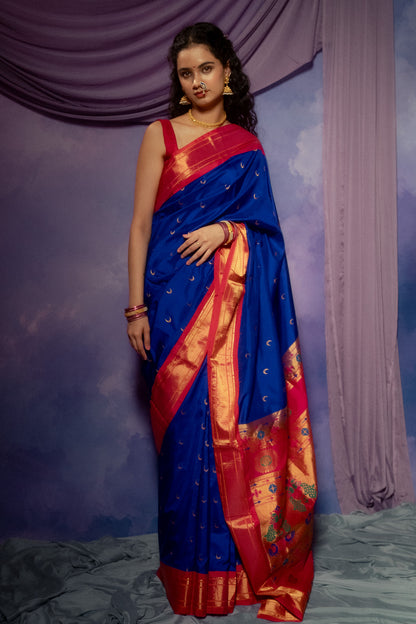 Blue Mulberry Silk Paithani Chandrakor Saree