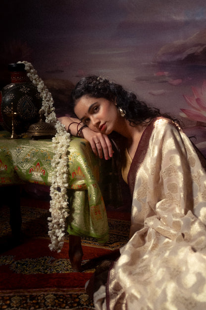 Cream Khaddi Chiffon Saree