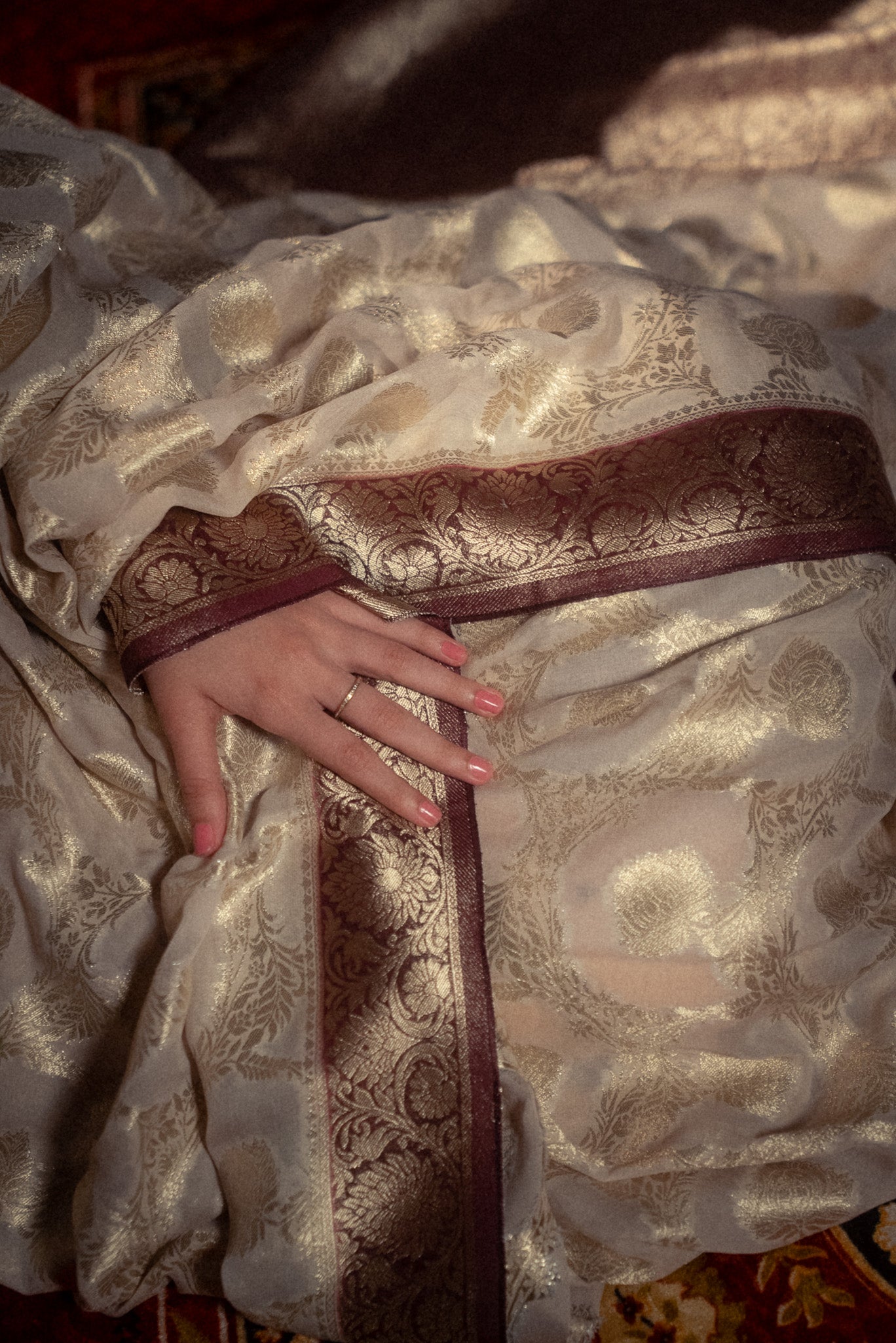 Cream Khaddi Chiffon Saree