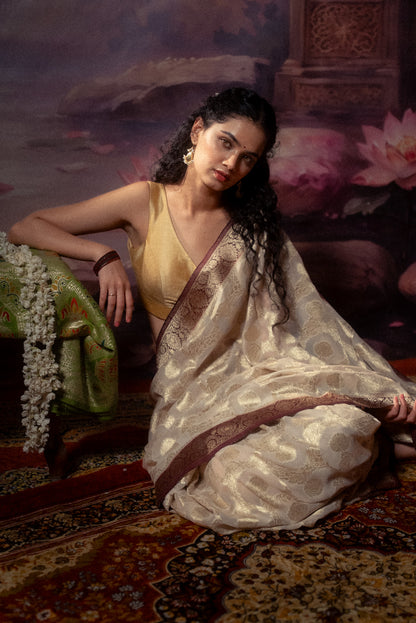 Cream Khaddi Chiffon Saree