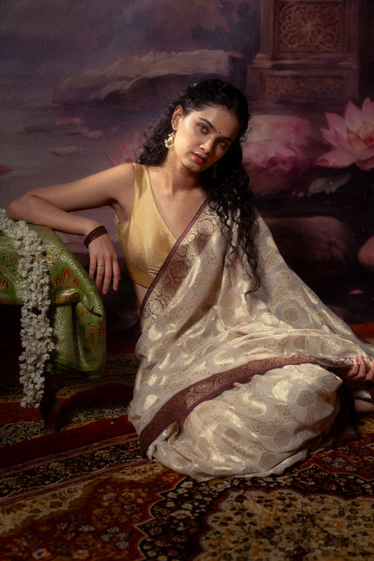 Cream Khaddi Chiffon Saree
