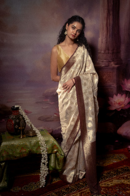 Cream Khaddi Chiffon Saree