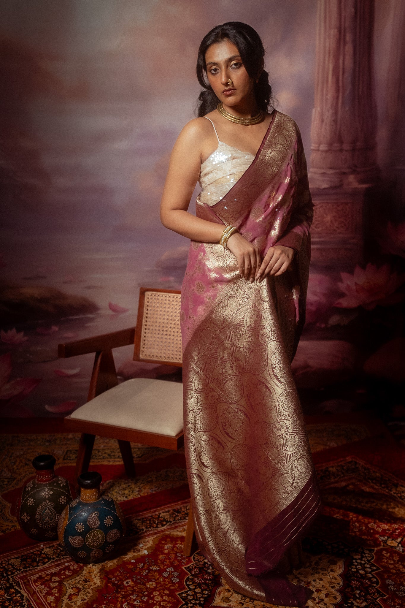 Deep Wine Khaddi Chiffon Saree