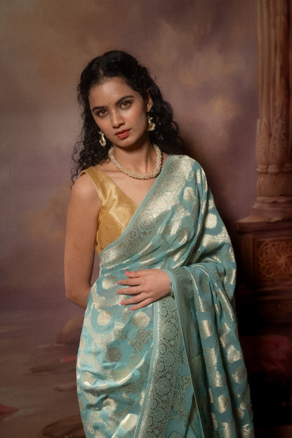 Light Blue Khaddi Chiffon Saree