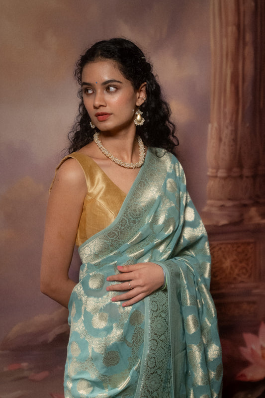 Light Blue Khaddi Chiffon Saree