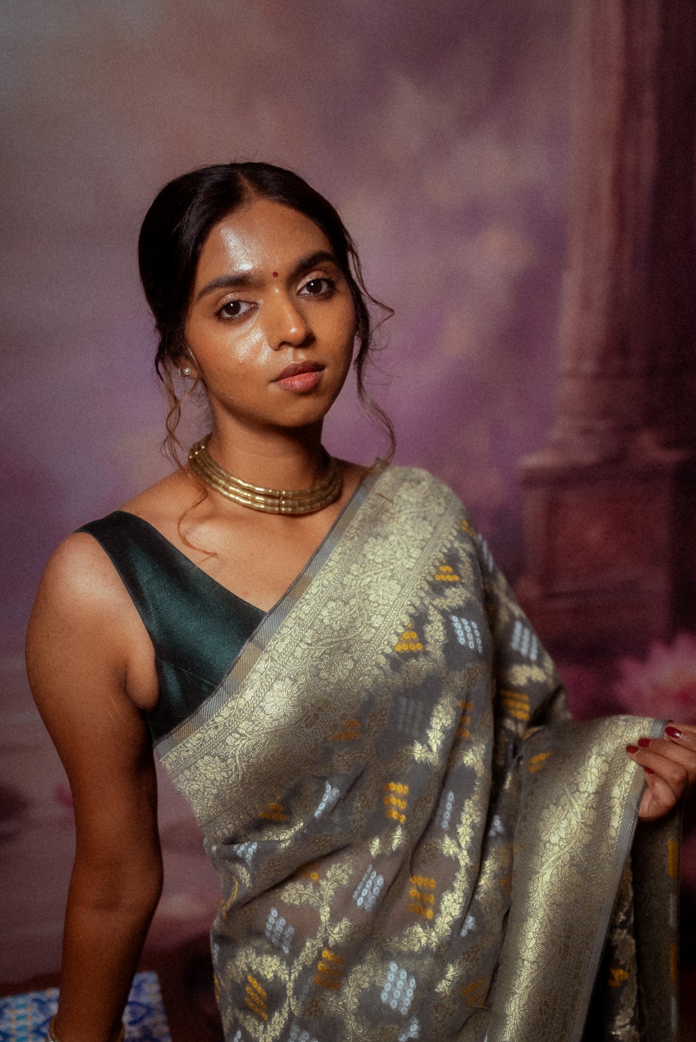 Grey Khaddi Chiffon Bandhini Saree