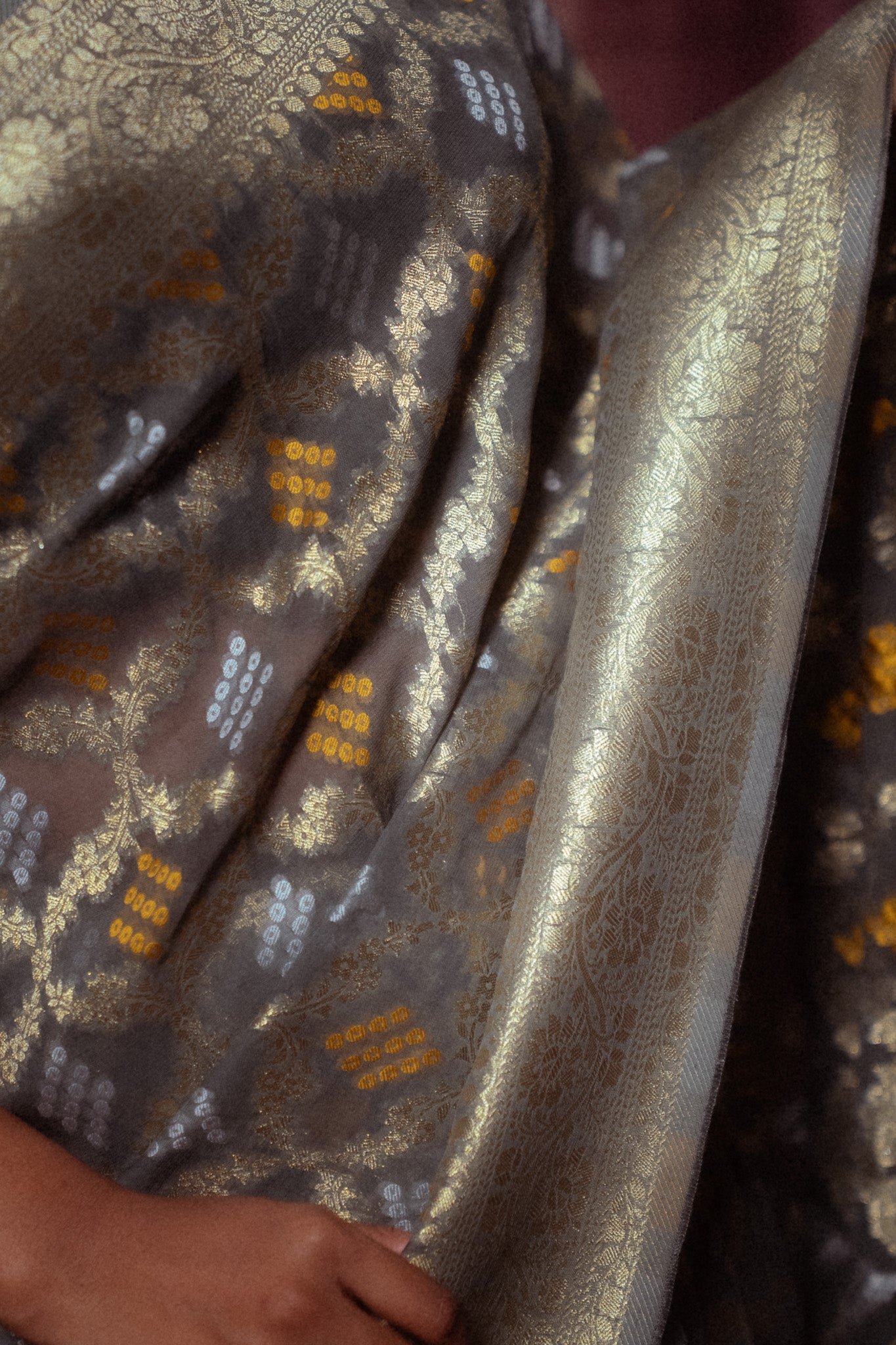 Grey Khaddi Chiffon Bandhini Saree