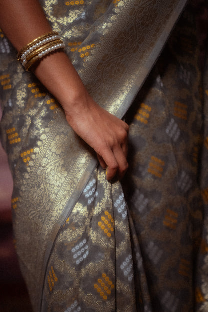 Grey Khaddi Chiffon Bandhini Saree
