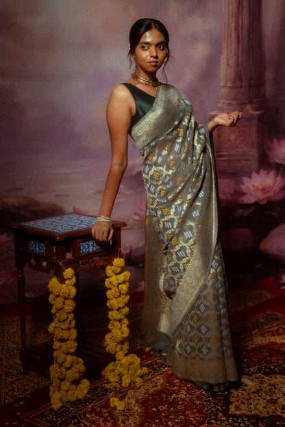 Grey Khaddi Chiffon Bandhini Saree