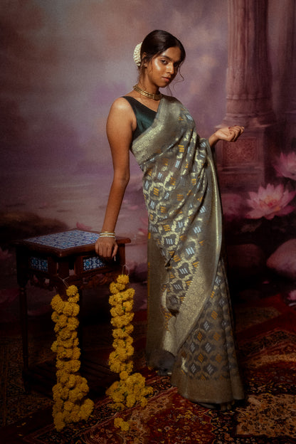 Grey Khaddi Chiffon Bandhini Saree