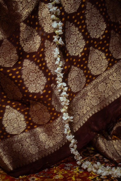 Maroon Khaddi Chiffon Bandhini Saree