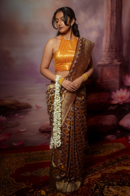 Maroon Khaddi Chiffon Bandhini Saree