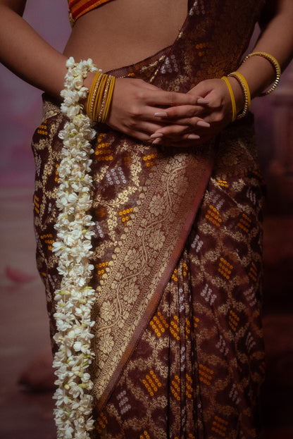 Maroon Khaddi Chiffon Bandhini Saree