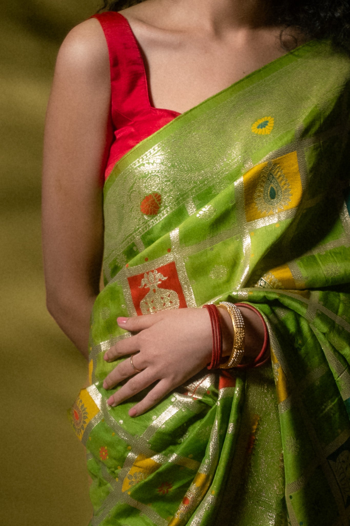 Green Cotton Silk Gadchola Saree
