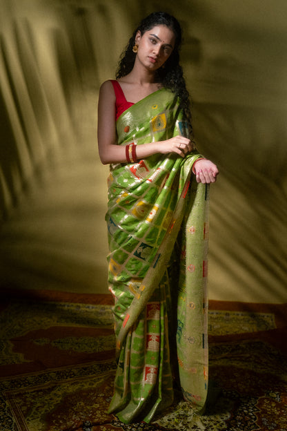 Green Cotton Silk Gadchola Saree
