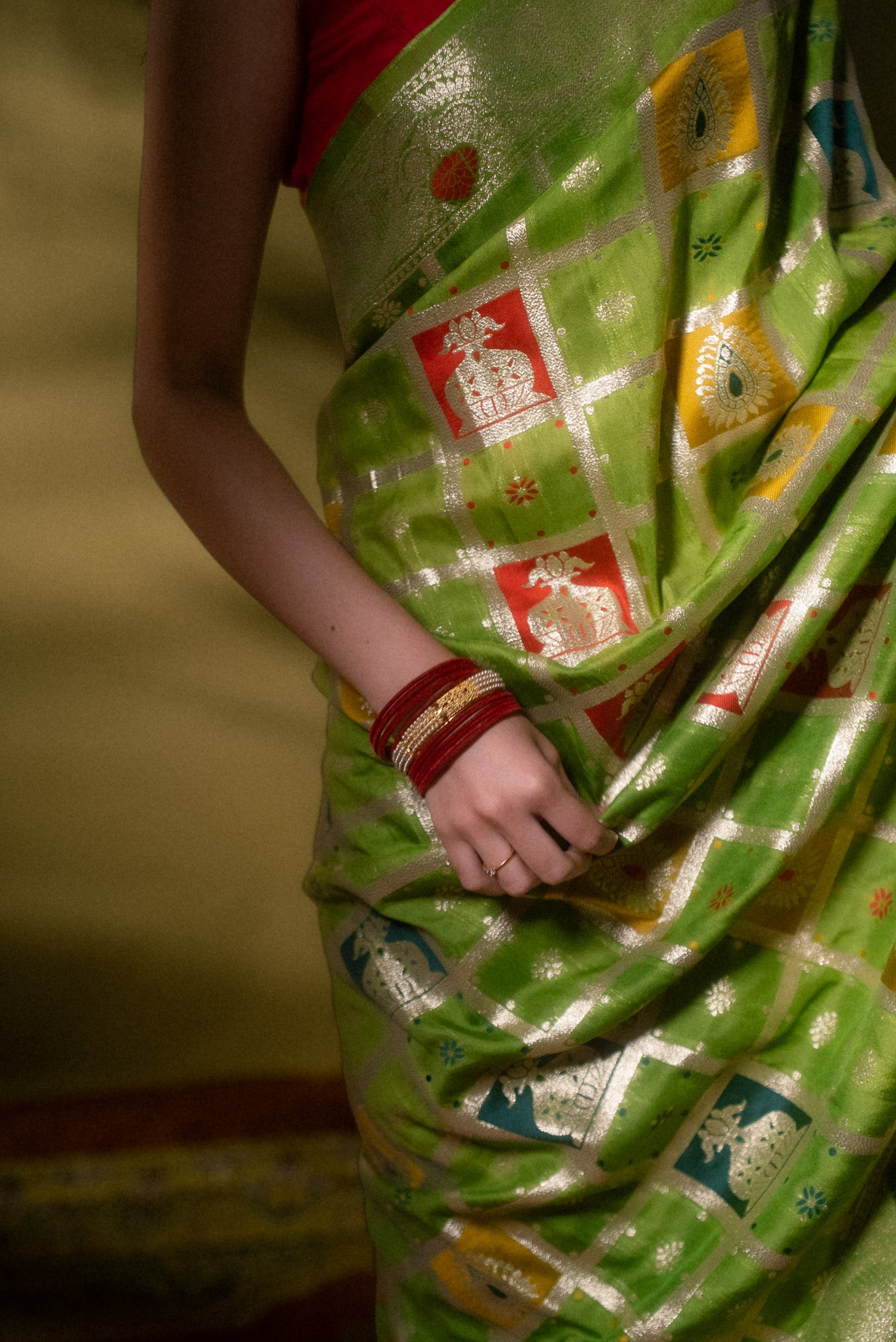 Green Cotton Silk Gadchola Saree