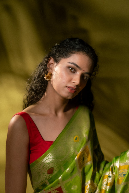 Green Cotton Silk Gadchola Saree