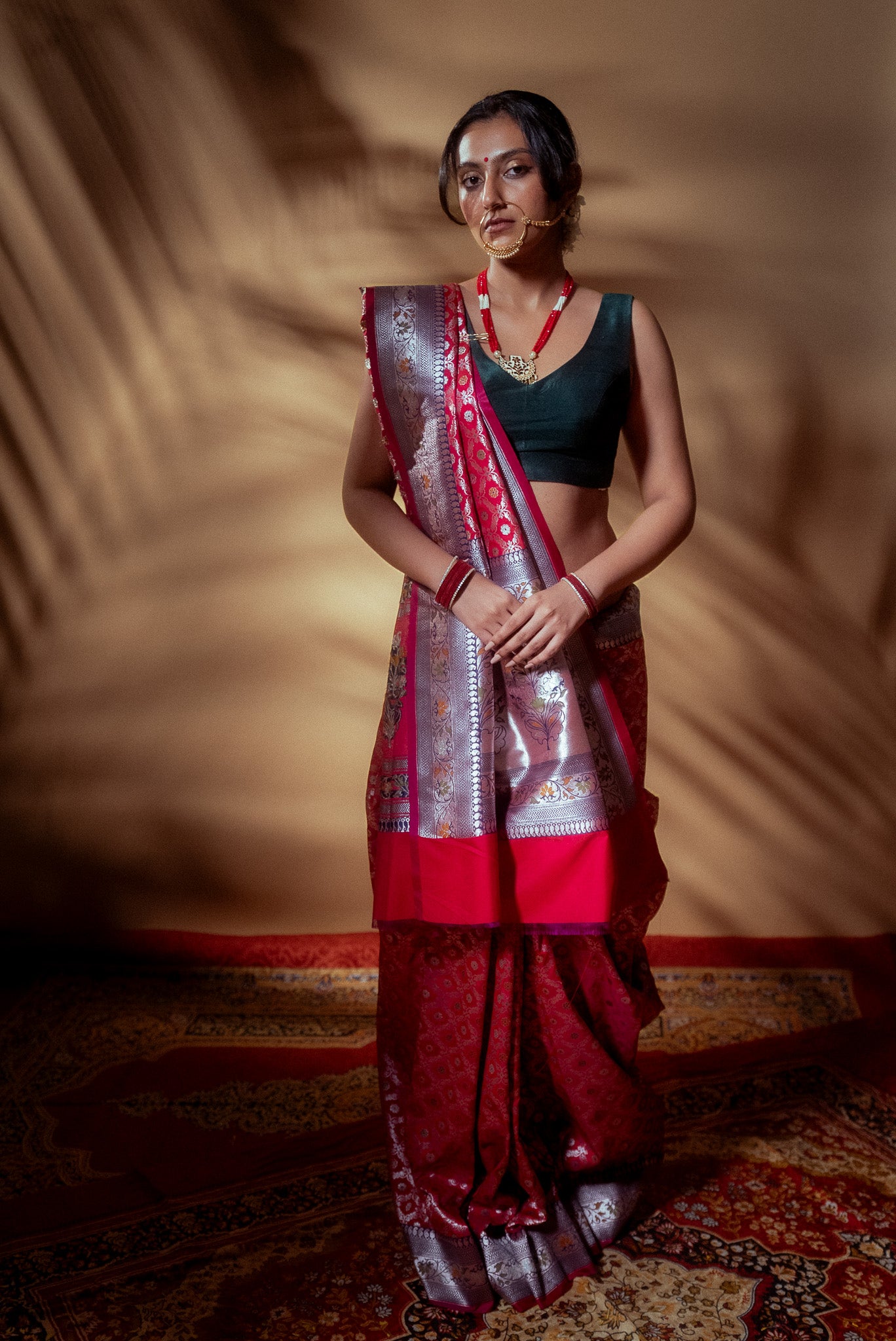Red Meena Work Mulberry Silk Saree