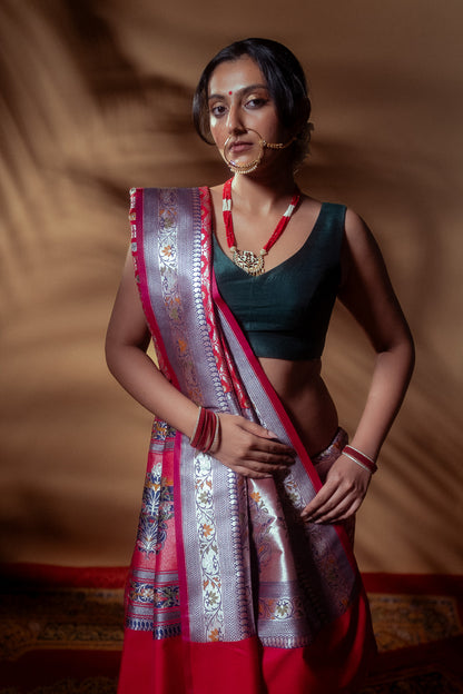 Red Meena Work Mulberry Silk Saree