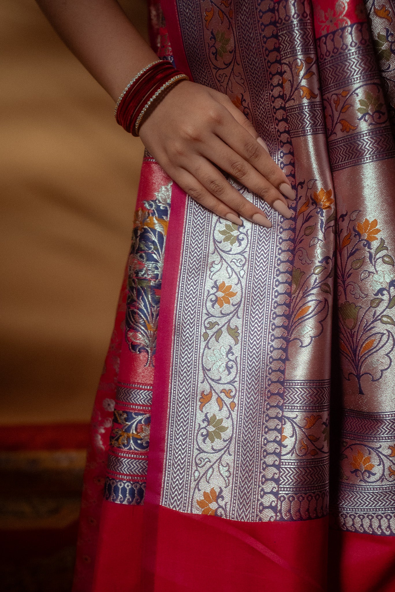 Red Meena Work Mulberry Silk Saree