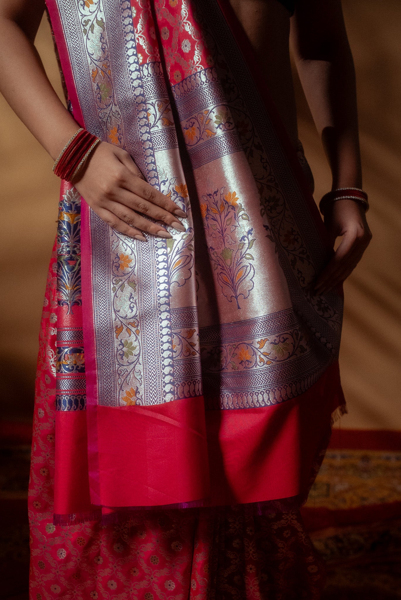 Red Meena Work Mulberry Silk Saree