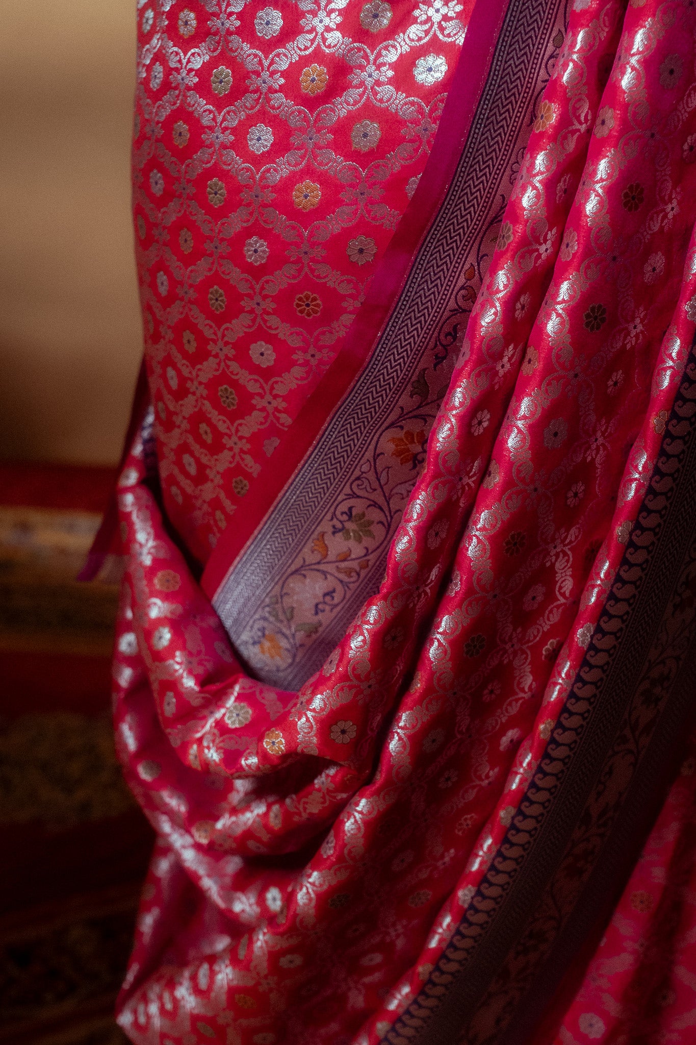Red Meena Work Mulberry Silk Saree