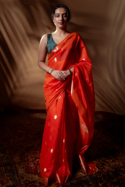 Saffron Maheshwari Soft Cotton Silk Saree