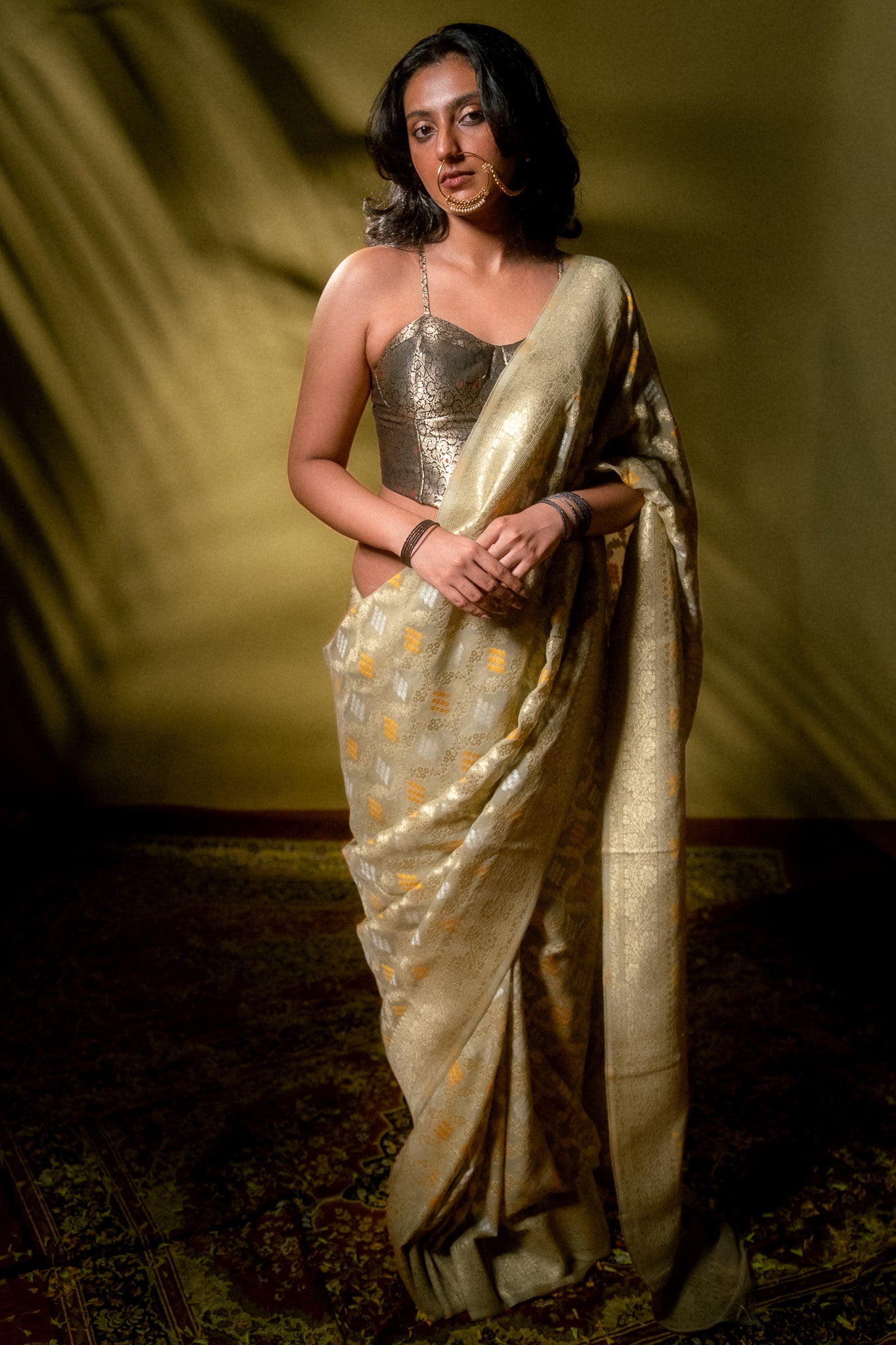 Beige Khaddi Chiffon Bandhini Saree