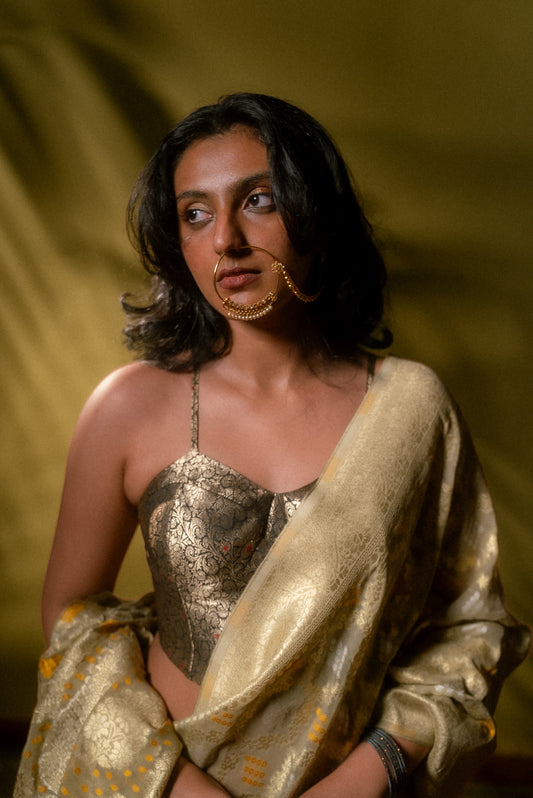 Beige Khaddi Chiffon Bandhini Saree